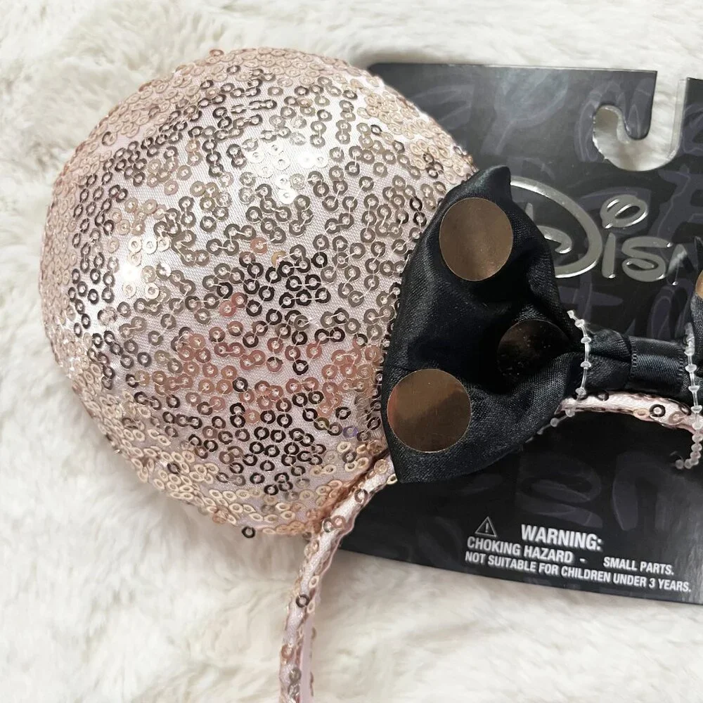 Disney Rose Gold Sequins Black Satin Polka Dot Bow Minnie‎ Mouse Ears NWT